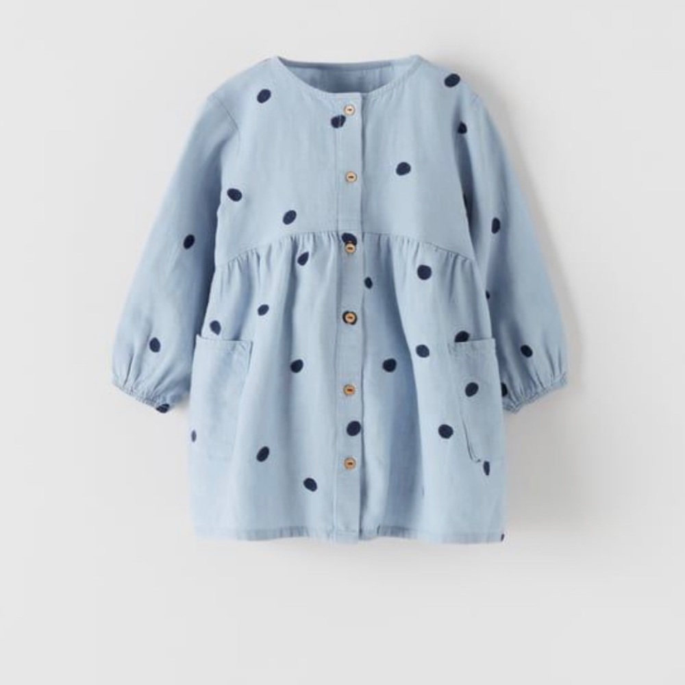 Zara girl 2-3 dress light blue and navy blue poko dot dress buttons down front